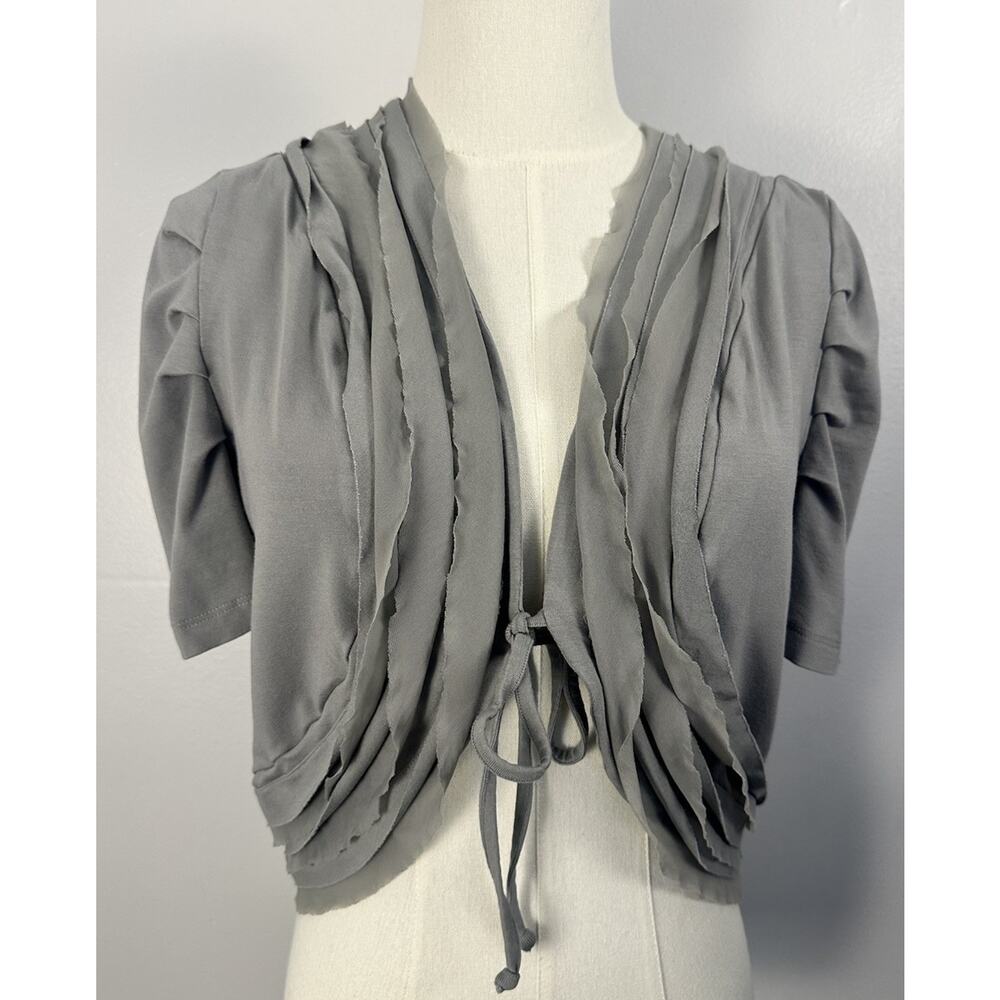 Yest Chic Gray Ruffled Cropped Cardigan / Shrug with Tie Front